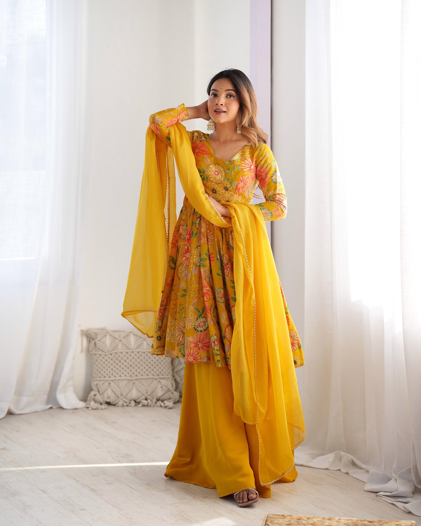 Yellow Silk Anarkali with Palazzo and Dupatta Set