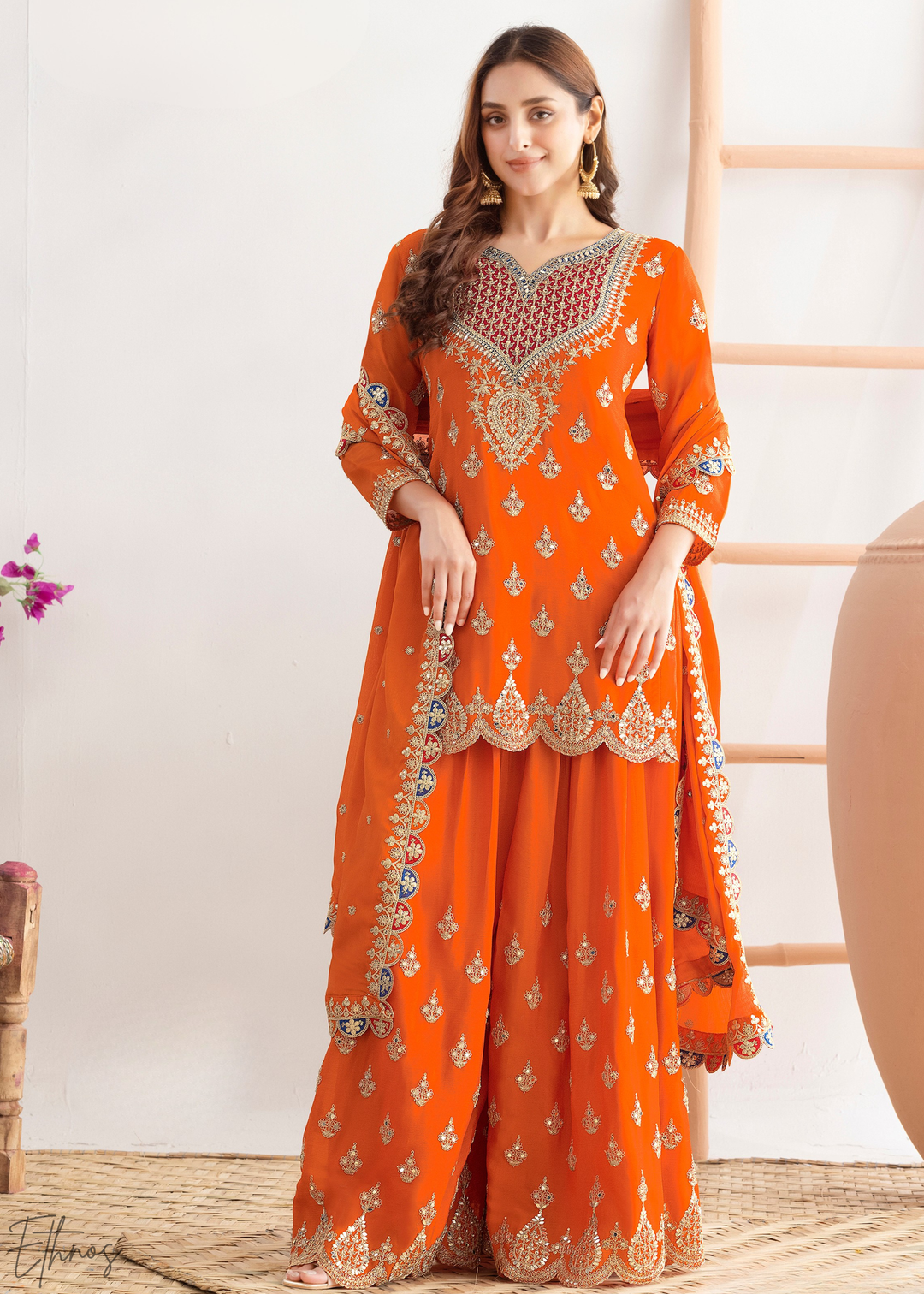Orange Resham Embroidered Chinon Palazzo Suit