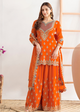 Orange Resham Embroidered Chinon Palazzo Suit
