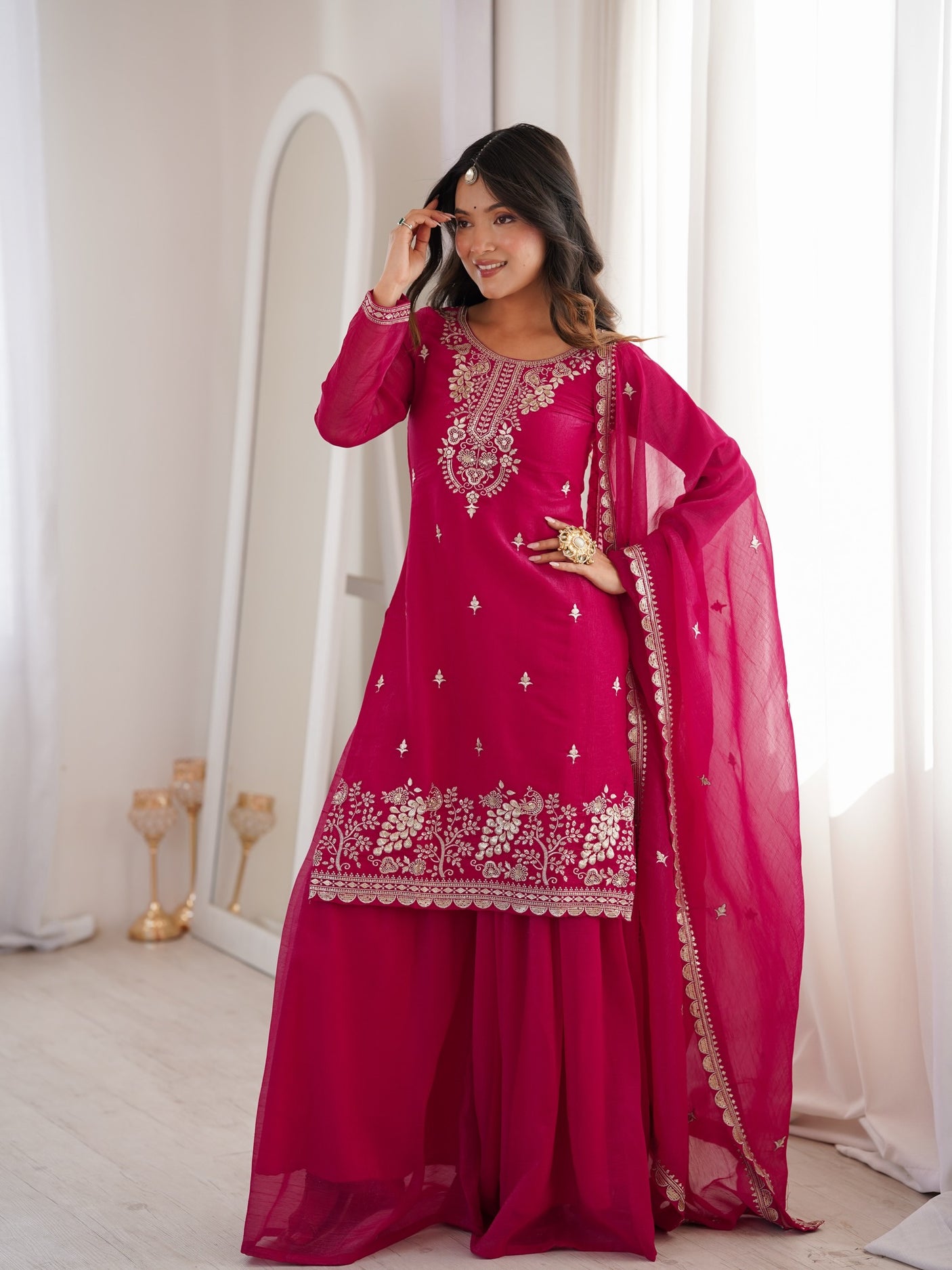 Dark Pink Embroidered Kurta With Flowy Palazzo