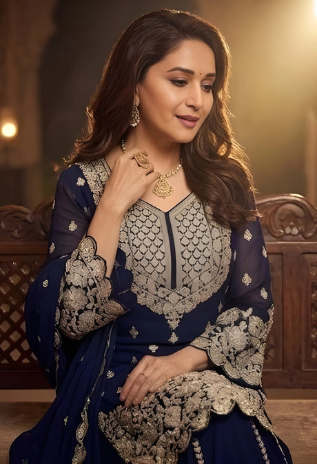 Elegant Navy Blue Georgette Embroidered Palazzo Suit with Dupatta