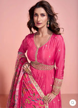 SHOCKING PINK ANARKALI GOWN IN CHINON SILK WITH DUAL EMBROIDERY