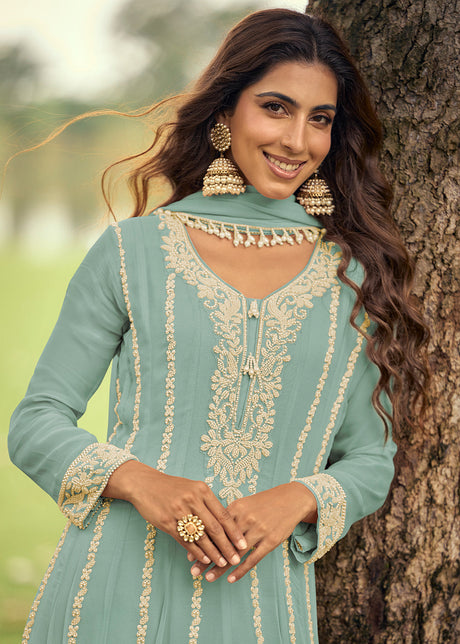 Real Georgette Light Blue Anakali Style Pant Suit