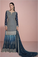 Teal Elegance Embroidered Chinon Silk Top with Front & Back Sharara and Dupatta