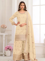 Cream White Simar Silk Embroidered Suit