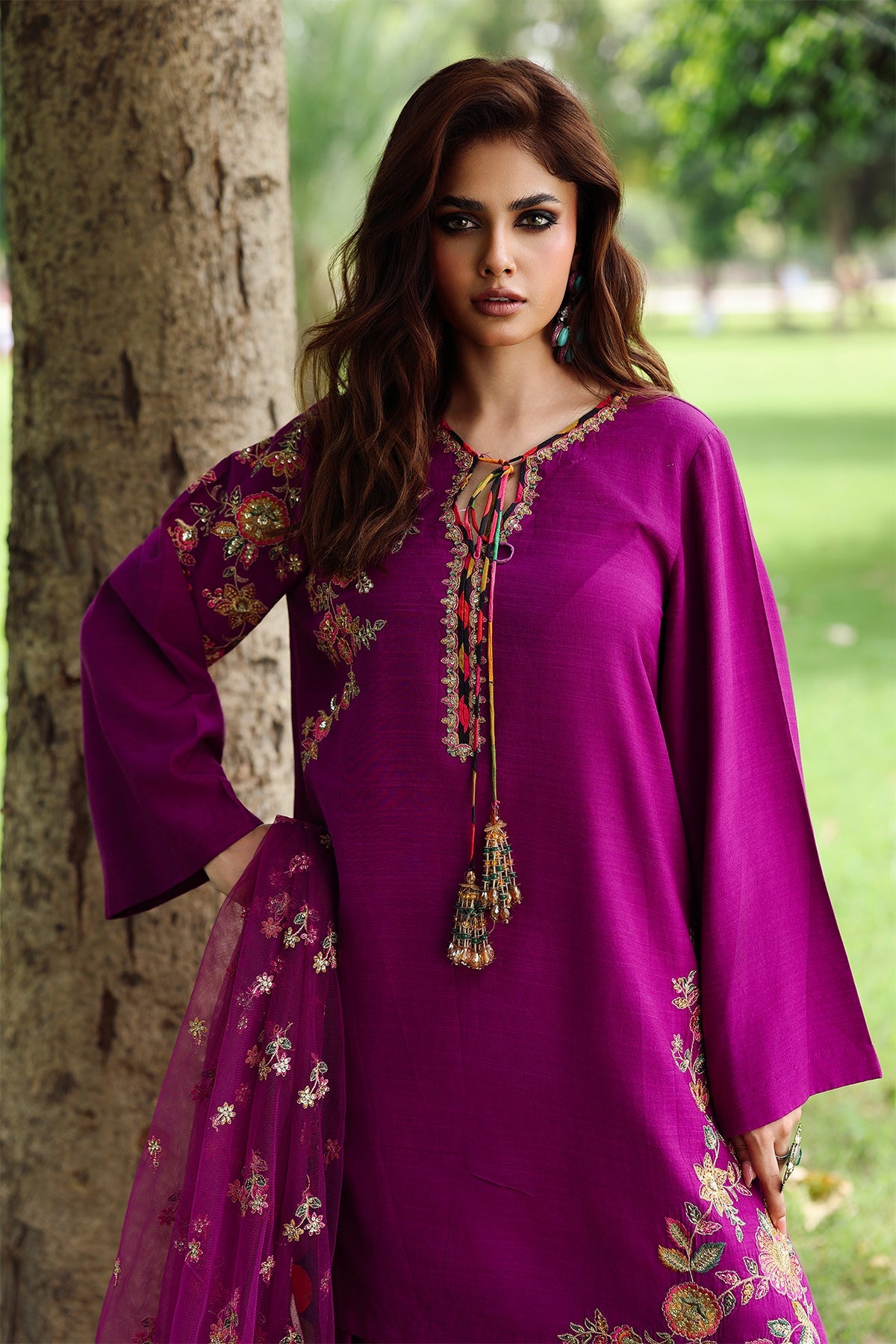 3-PC Embroidered Raw-Silk Suit by Charizma