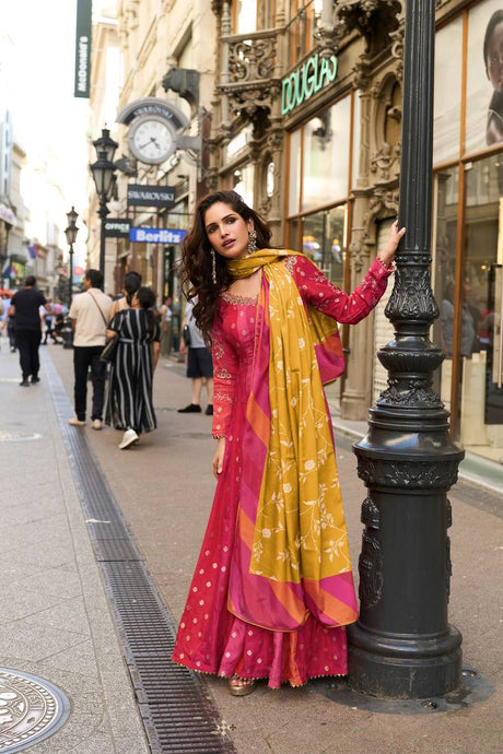 Rani Pink Embroided Viscos Jacquard Silk Anarkali Gown Dupatta Suit