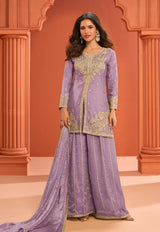 Lavender Embroidered Stylish Silk Sharara Suit