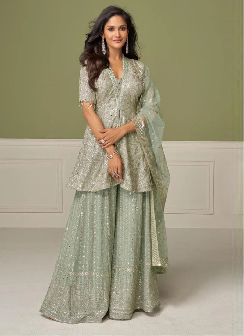 Sea Green Georgette Embroidered Palazzo Suit