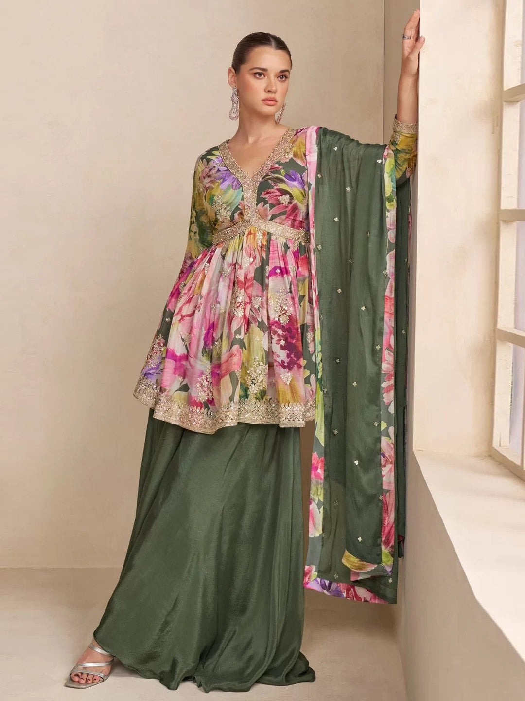 Multicolor Floral Printed Palazzo Premium Festive Wear Salwar Kameez