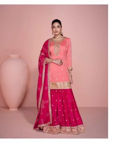 Pink Embroidered Chinon Palazzo Suit