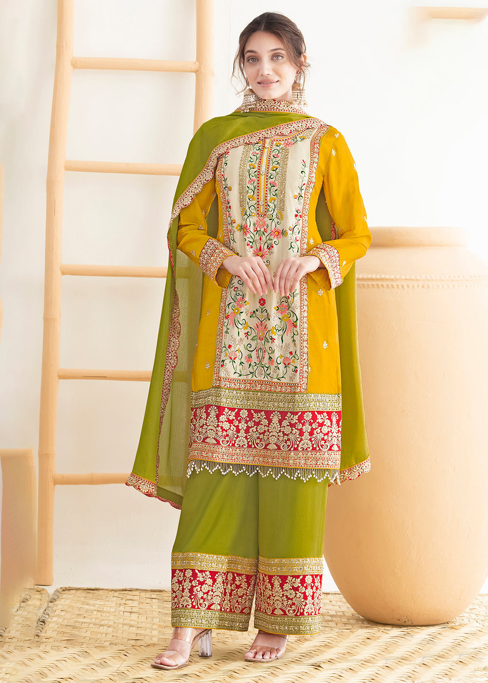 Cream & Yellow Dabka Dori & Mirror Pant Style Suit