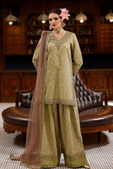 3-PC Embroidered Raw-Silk Suit By Charizma