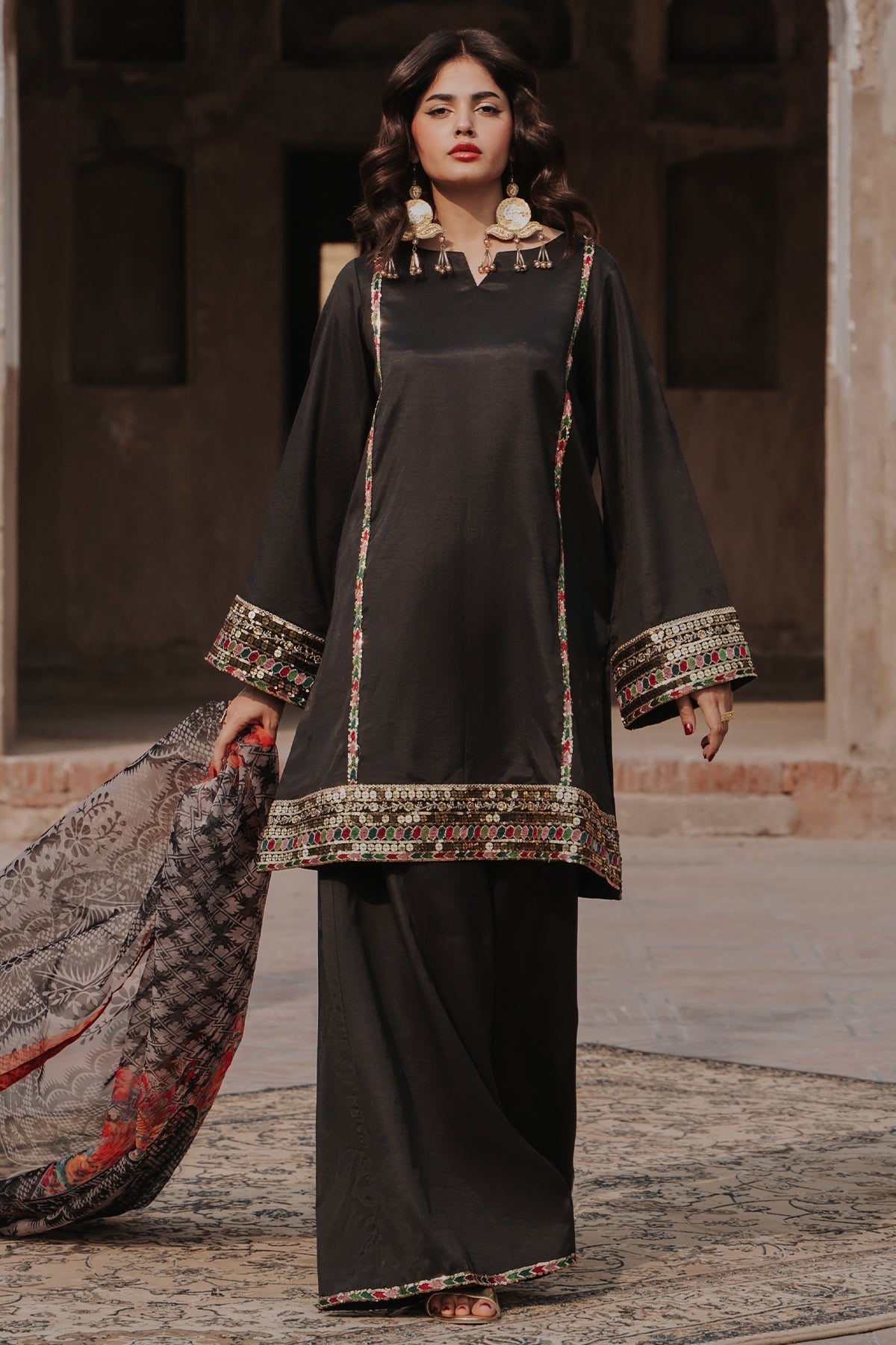 3-PC Embroidered Raw-Silk Suit By Charizma