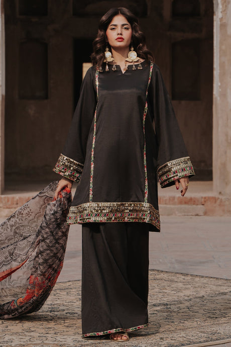 3-PC Embroidered Raw-Silk Suit By Charizma