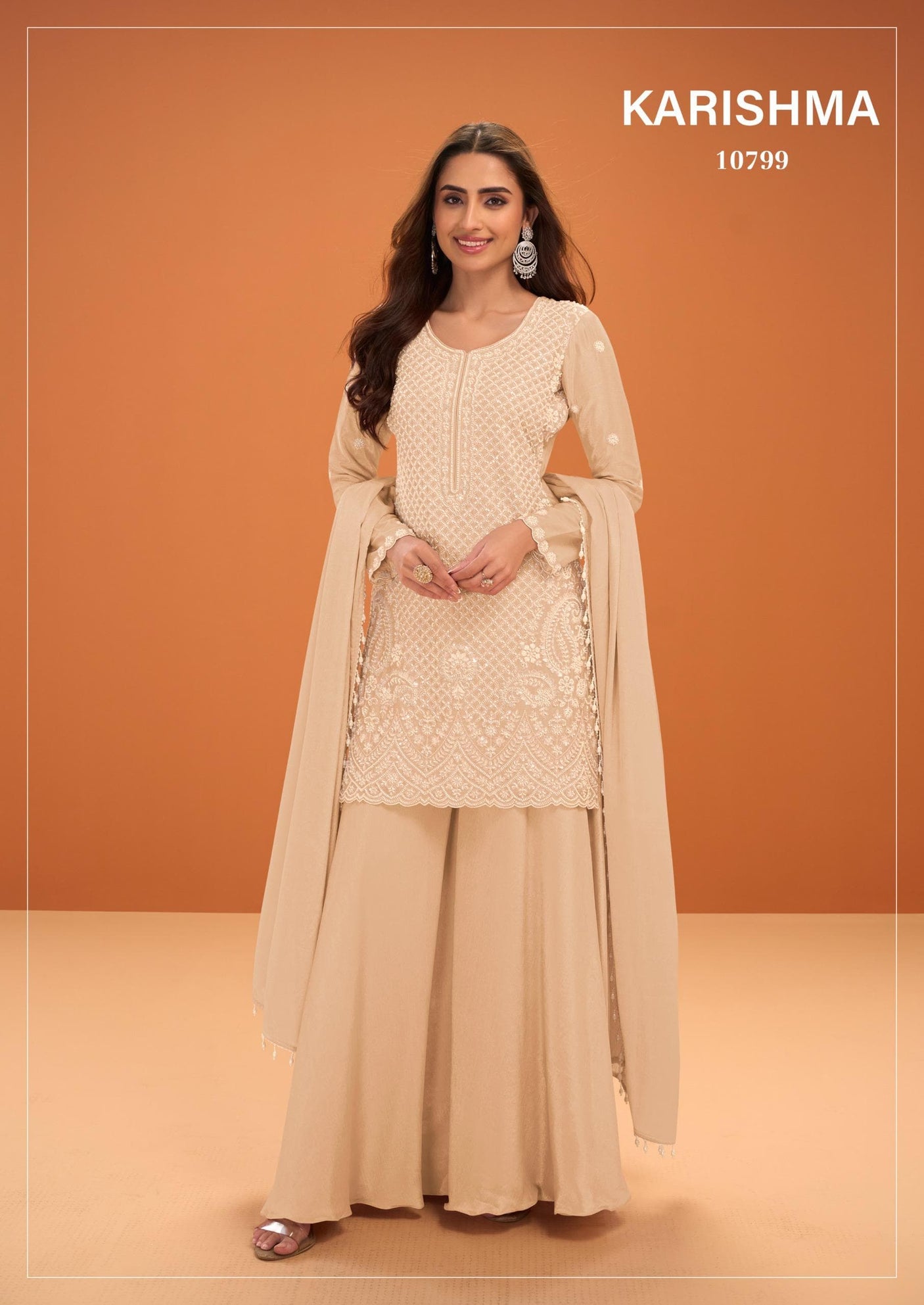 Cream Crepe Silk Cut-Dana And Resham Embroidered Suit With Palazzo