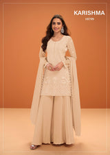 Cream Crepe Silk Cut-Dana And Resham Embroidered Suit With Palazzo