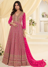 HOT PINK GEORGETTE ANARKALI GOWN WITH ALL-OVER ZARKAN EMBROIDERY
