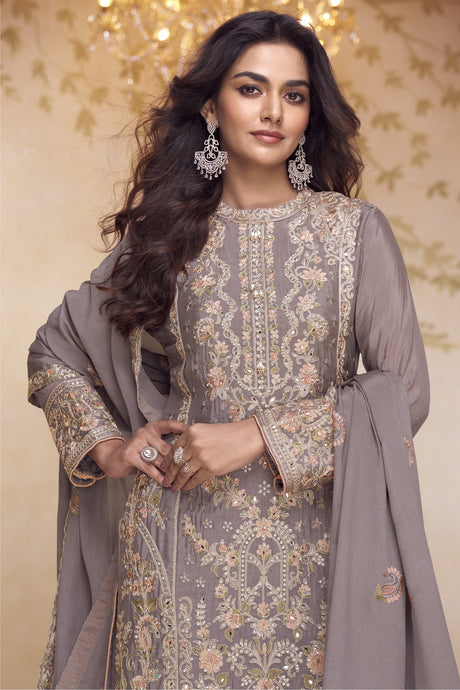 Dusty Purple Chinon Silk Kameez with Palazo
