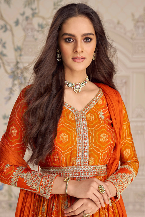 Orange Embroidered Chinon Silk Suit
