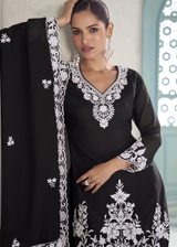 Midnight Black Chinon Embroidery Palazzo Suit