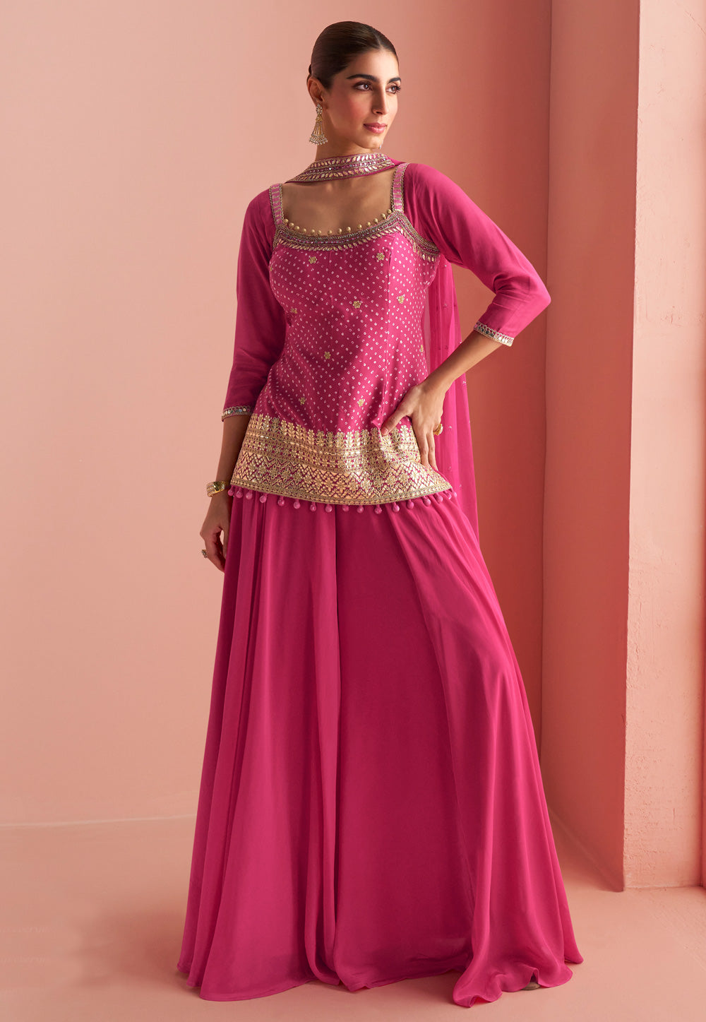 Pink Chinon Silk Palazzo Suit By Sayuri
