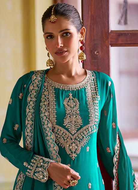 Teal Green Embroidered Silk Anarkali Pant Suit