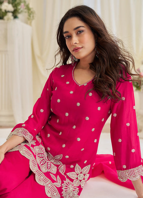 Pink Chinon Silk Embroidery Work Festival wear Salwar Suit