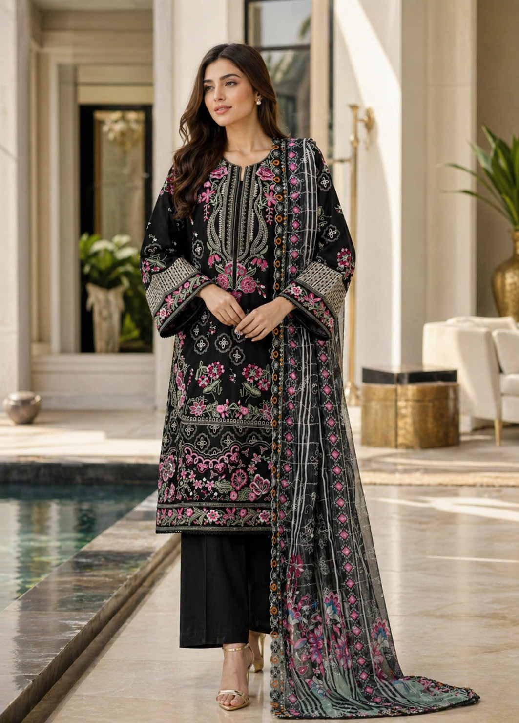 Bin Saeed Luxury Embroidered Lawn With Chiffon Dupatta