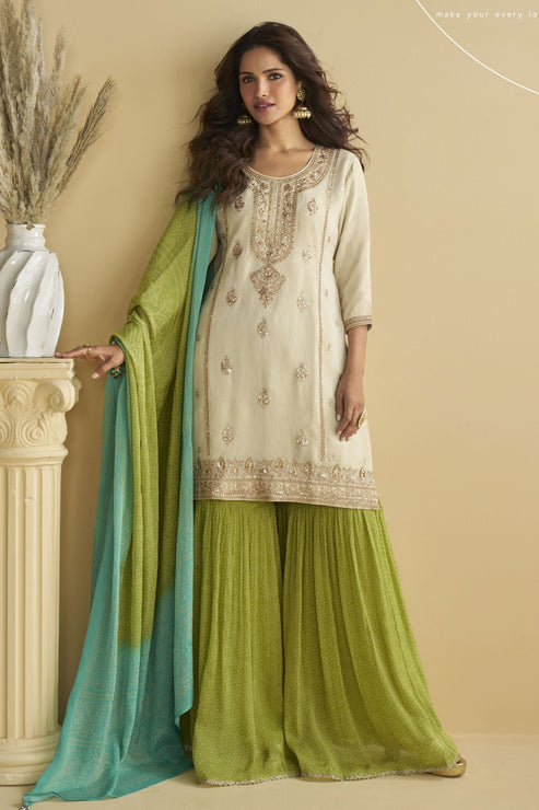 Cream Chinon Silk Sharara Suit