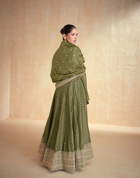 Olive Green Jacquard Organza Silk Gown with Dupatta