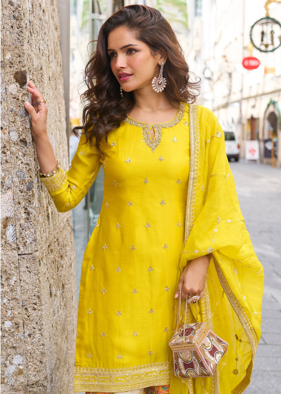 Pineapple Yellow Chinon SIlk Palazzo Suit