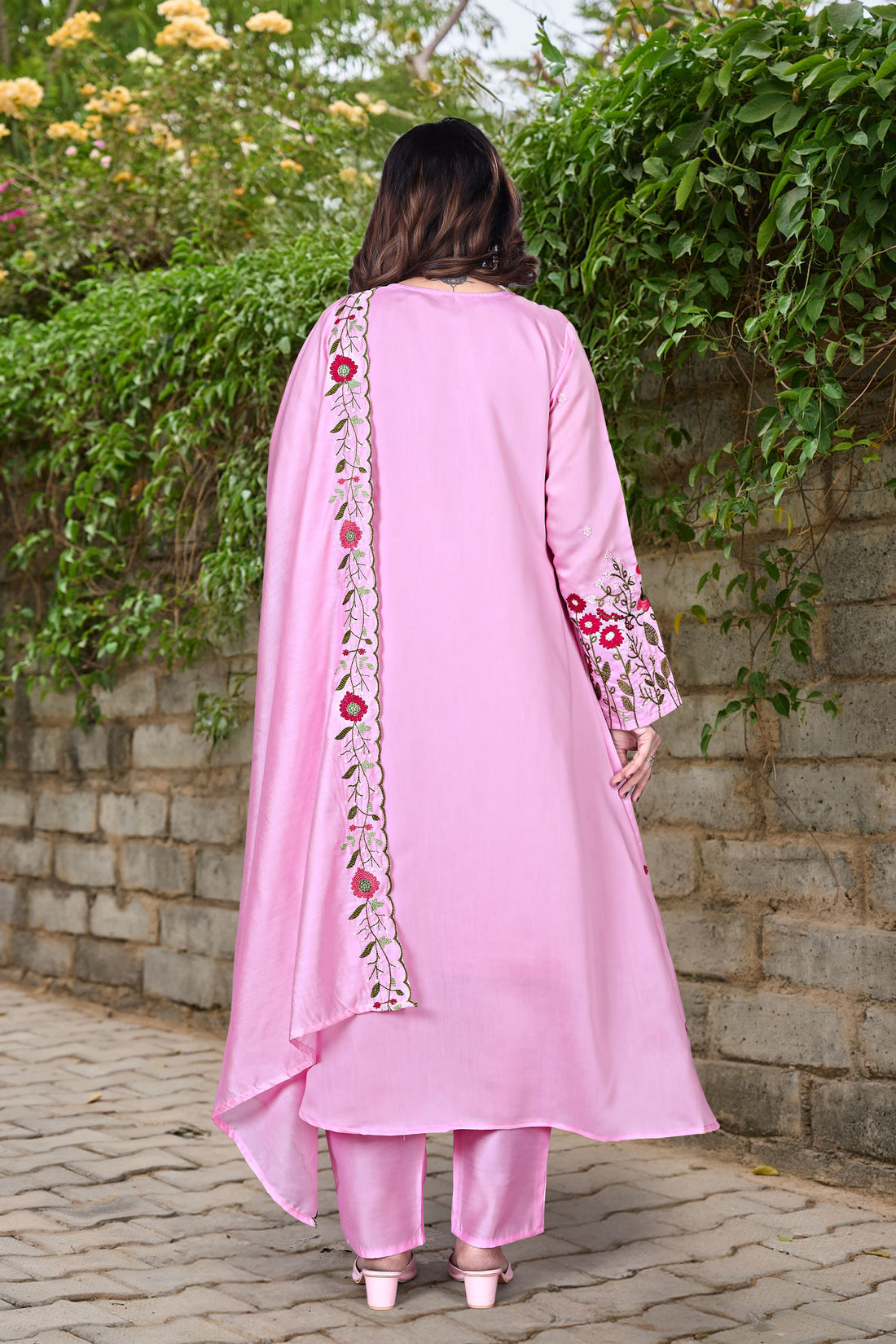 Pink Chanderi Silk Embroidered & Handwork Anarkali Set