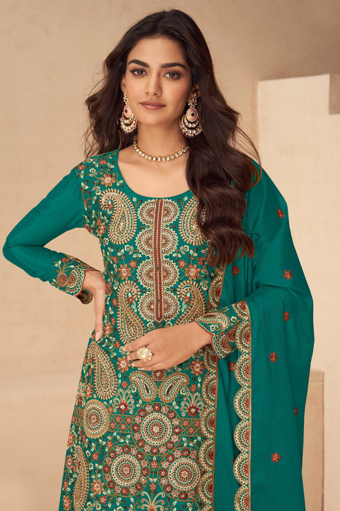Green Embroidered Chinon Suit