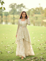 Sage Green & Ivory Net Embroidered Kurta Palazzo Set with Dupatta