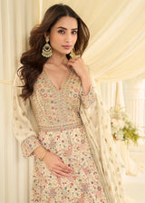 CREAM WHITE GEORGETTE ANARKALI GOWN WITH ALL-OVER ZARKAN EMBROIDERY