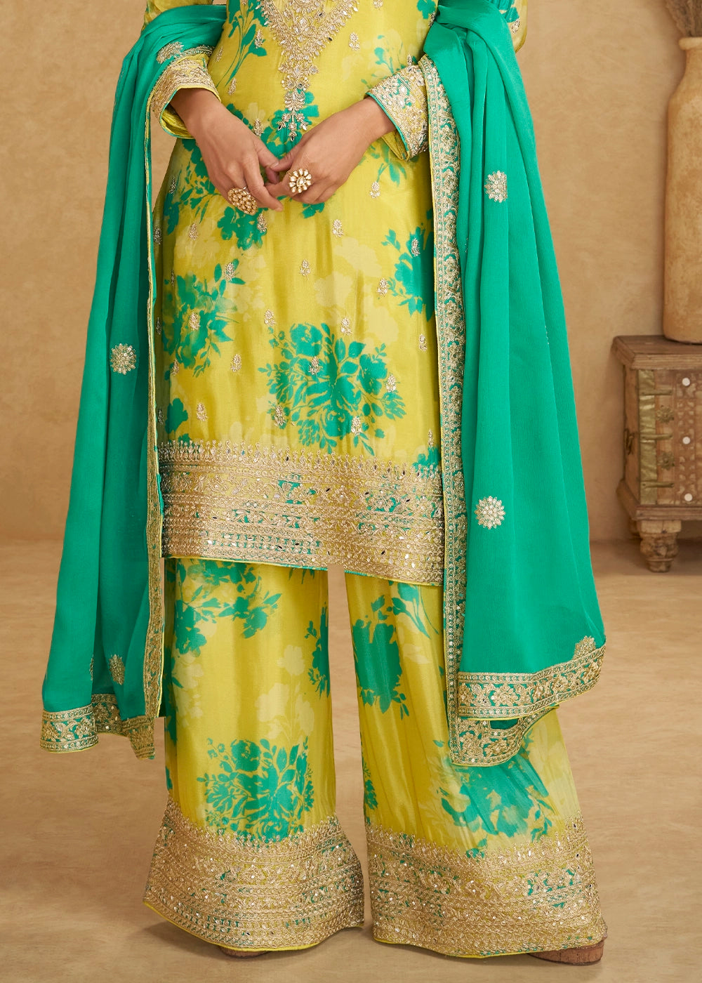 Lemon Yellow Chinon Silk With Palazzo Suit
