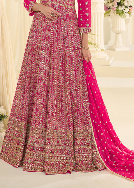 HOT PINK GEORGETTE ANARKALI GOWN WITH ALL-OVER ZARKAN EMBROIDERY