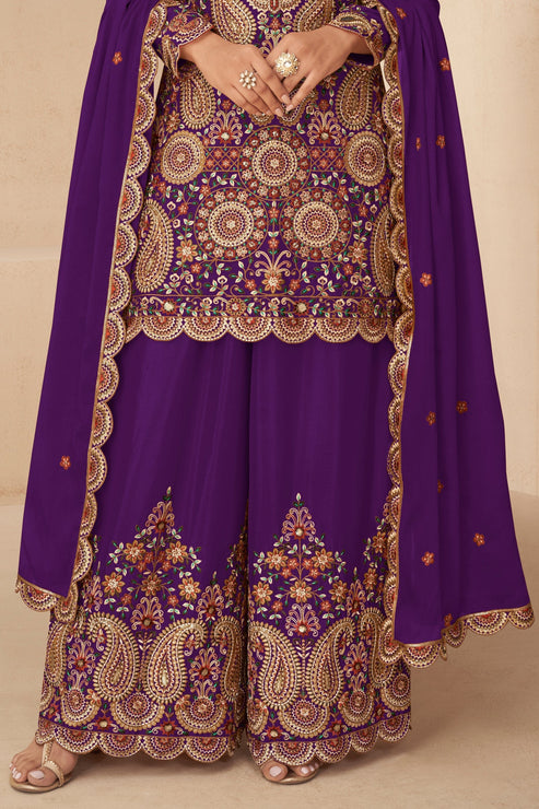 Purple Embroidered Chinon Suit