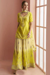 Lime Yellow Embroidery Mirror & Printed Work Chinnon Silk Suit