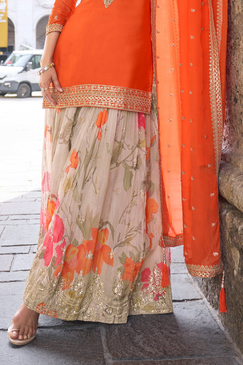 Orange Embroidered Chinon Suit