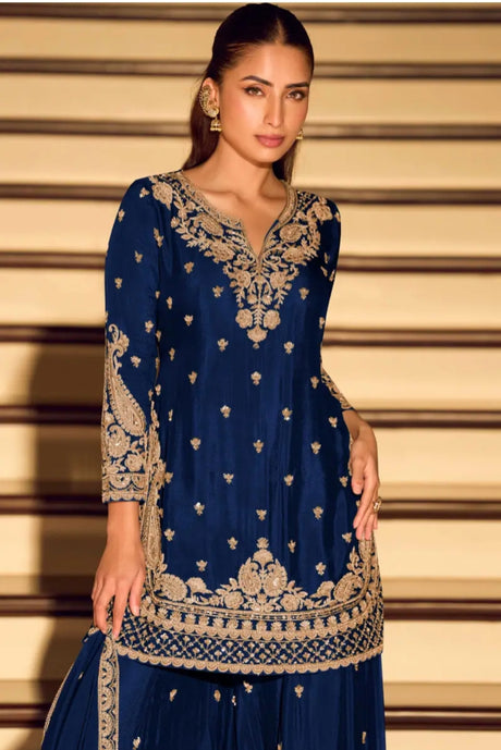 Navy Blue Embroidered Sharara Set with Dupatta
