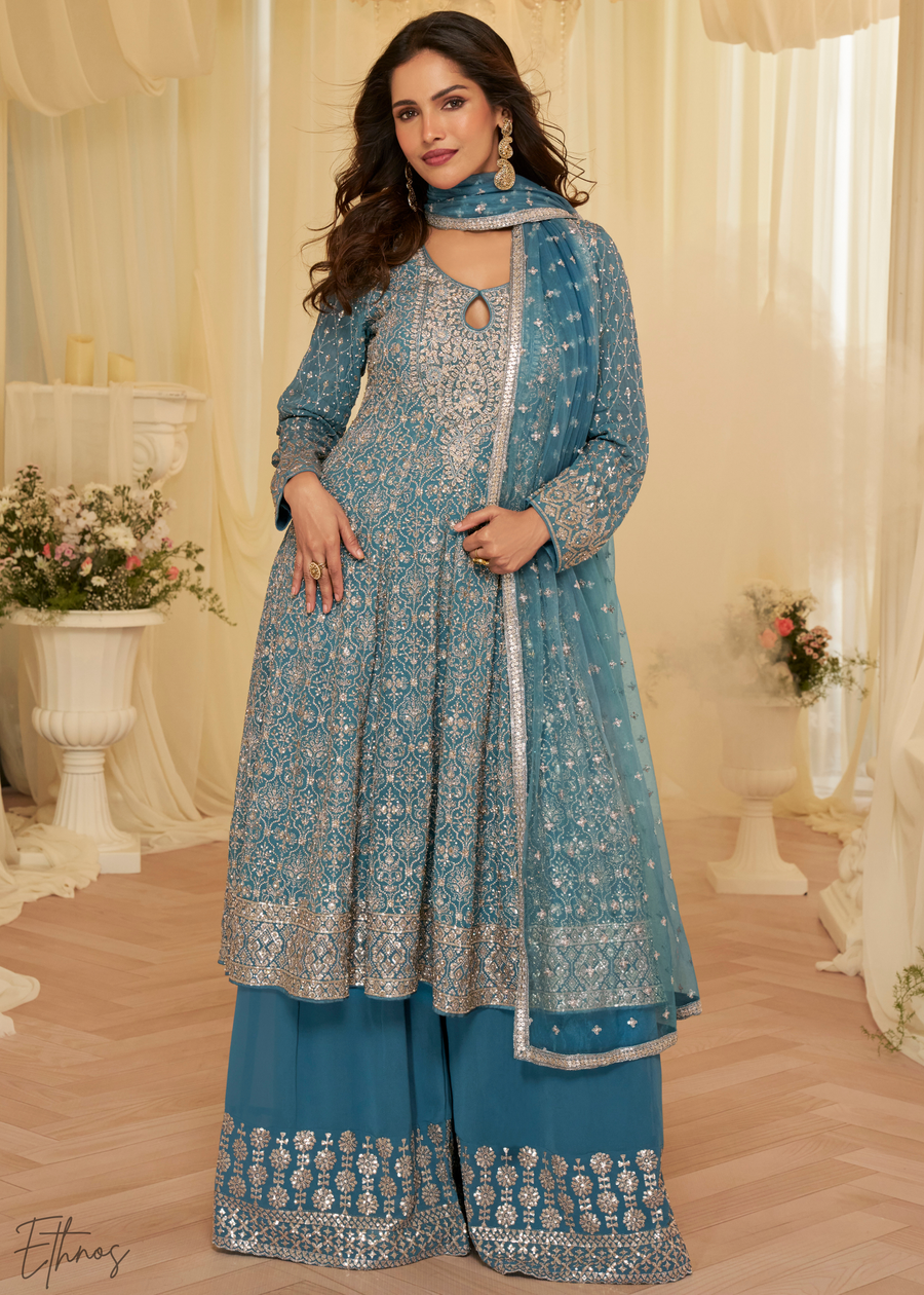 Blue Georgette Anarkali Palazzo Suit