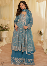 Blue Georgette Anarkali Palazzo Suit