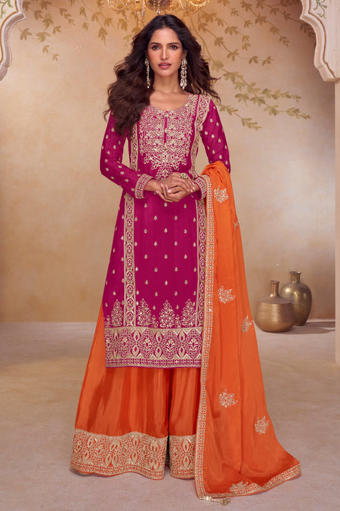 Red Chinon Embroidered  Suit