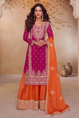 Red Chinon Embroidered  Suit