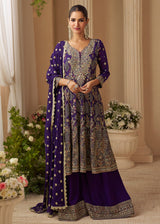 Violet Purple Embroidered Function Wear Palazzo Suit