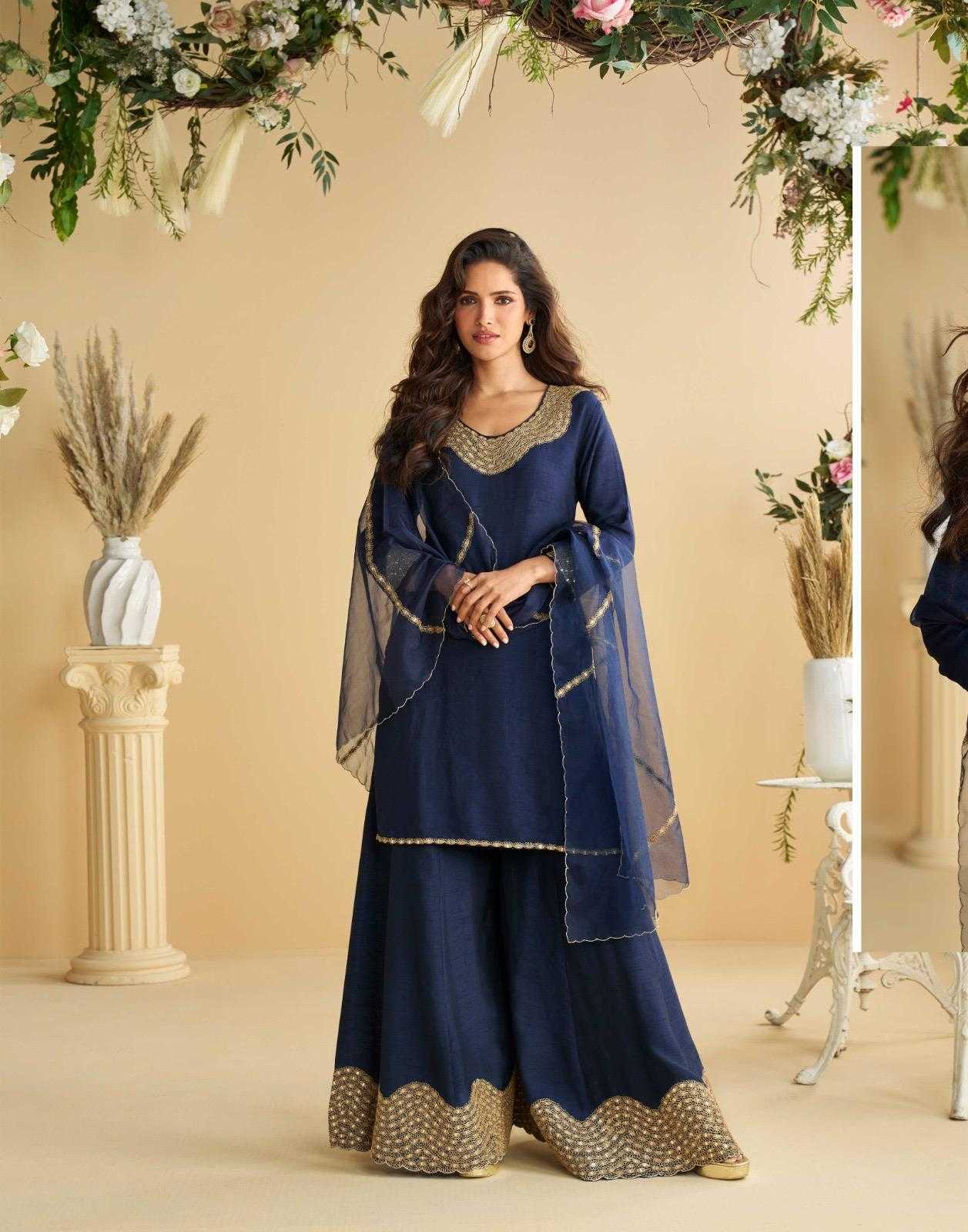Deep Navy Blue Silk Palazzo Suit