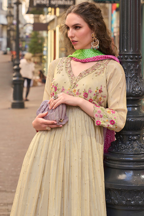 Ivory Tissue Silk Anarkali Dress with Pink & Green Bandhani Dupatta