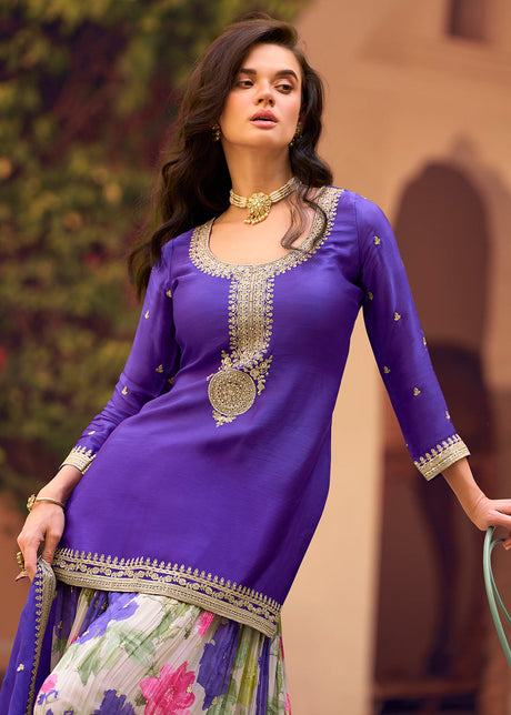 Amethyst Purple Chinon Silk Sharara Suit